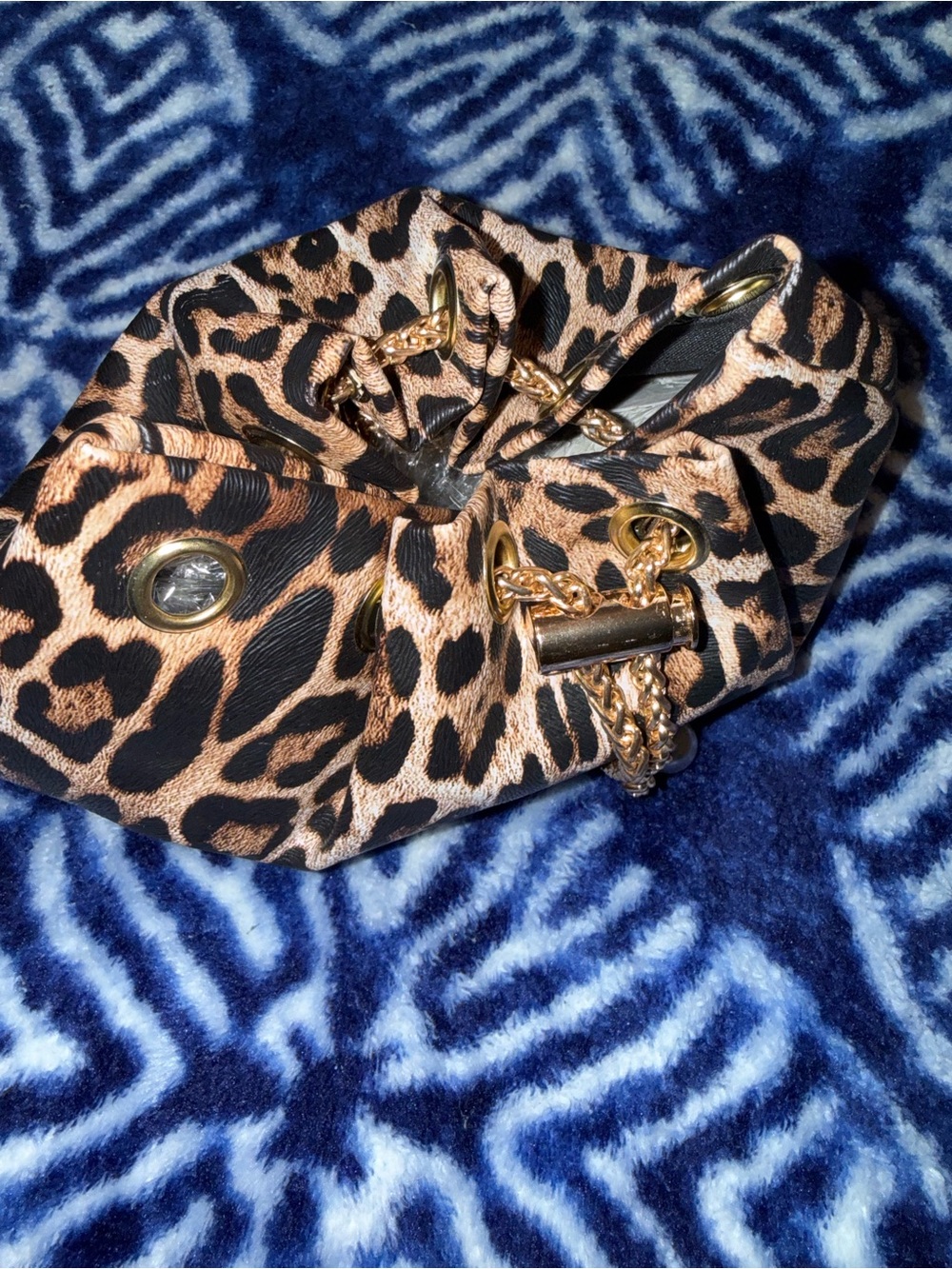 Leopard Print Drawstring Bucket Bag with Gold Chain